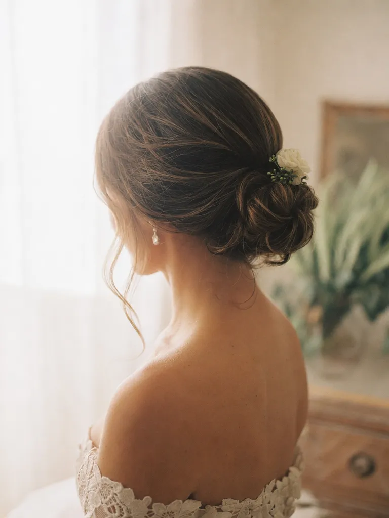 Braut mit eleganter Hochsteckfrisur und Blumenschmuck